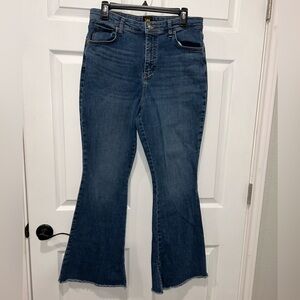 Lee Heritage High Rise Flare Jeans Raw Hem Dark Wash Stretch‎ Denim Blue 32x31